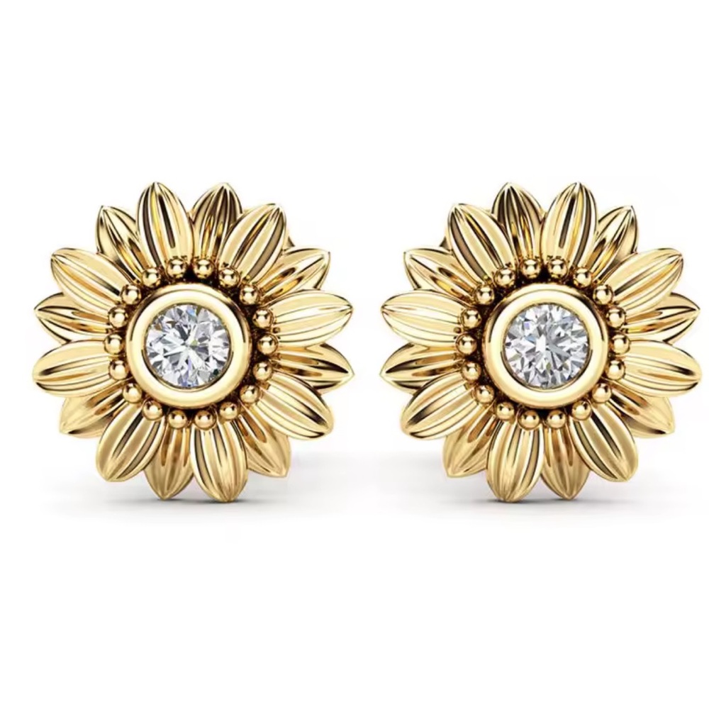 Gold Sunflower Stud Earrings Stainless Steel Crystal Floral Dainty